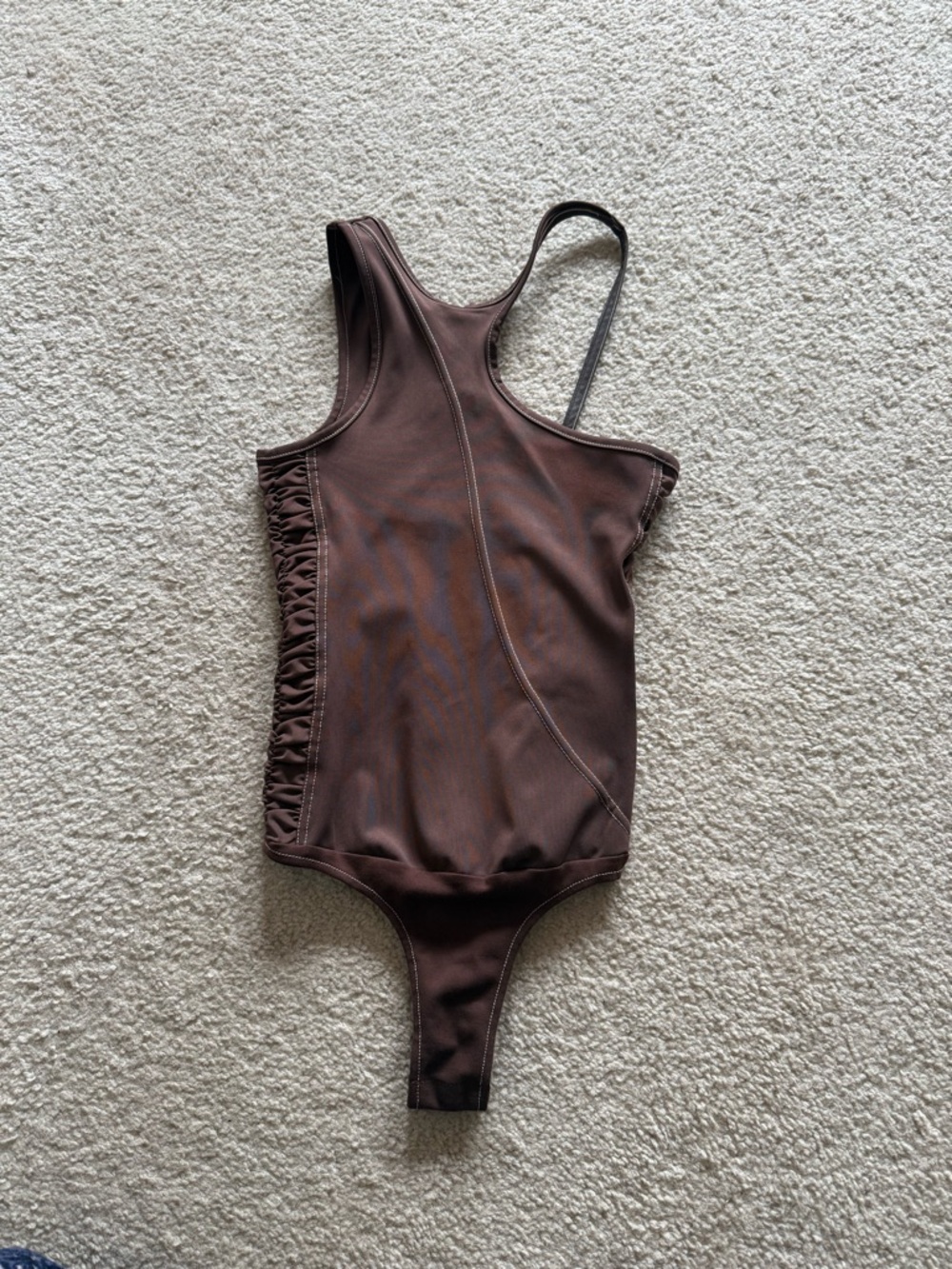 Manière De Voir Asymmetric Ruched Side Bodysuit - Chocolate Brown
